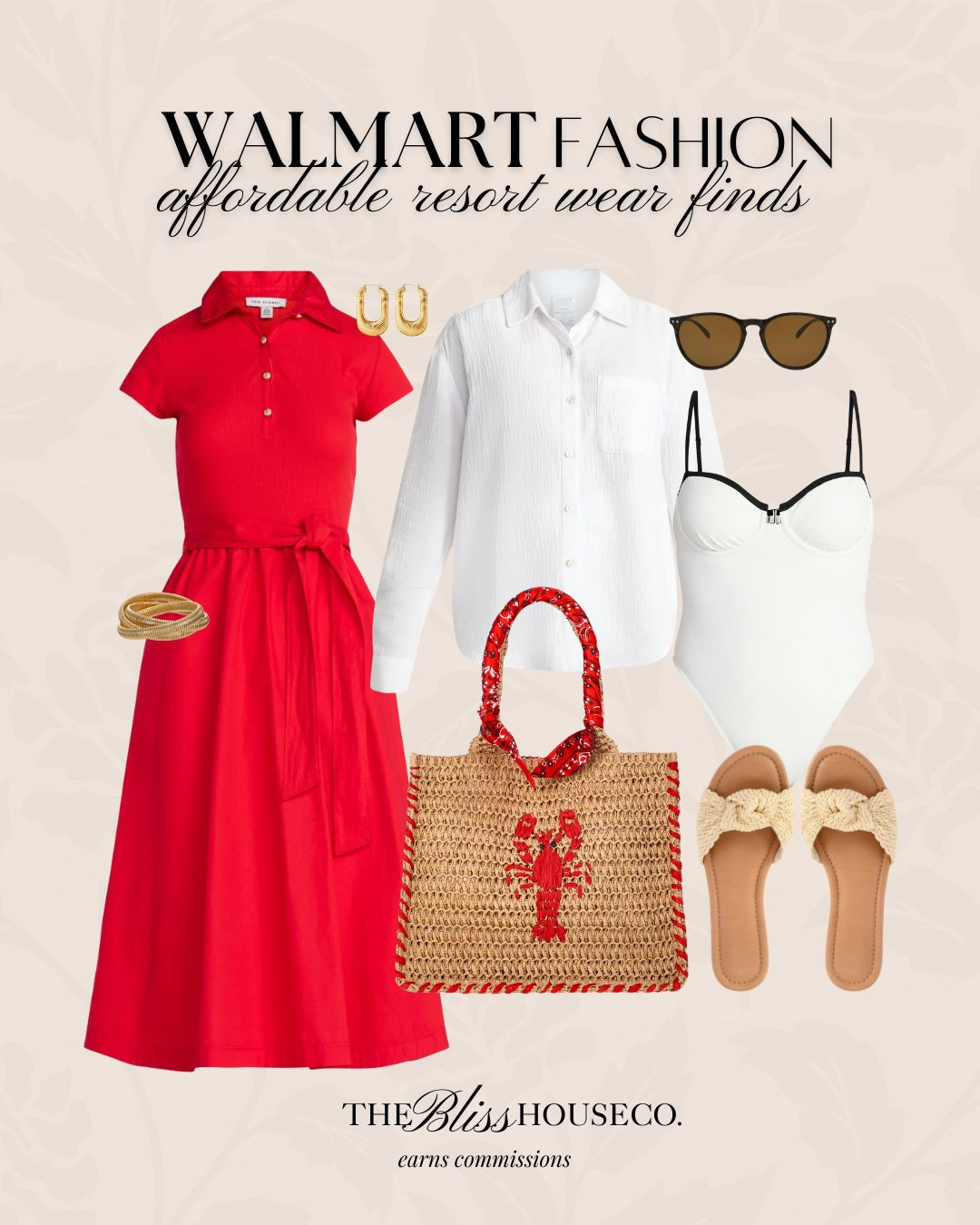 Resort-ready Walmart finds. ☀️ Classic red midi, white layers, chic one-piece bathing suit, woven toteand easy sandals for effortless vacation outfits.

Walmart fashion, resort wear, vacation outfits, summer style, polo dress, linen shirt, swimsuit, straw bag, lobster tote, neutral slides, gold hoops, coastal chic, travel wardrobe, capsule packing, affordable finds, beach ready. 

 #LTKootd #LTKSeasonal #LTKTravel