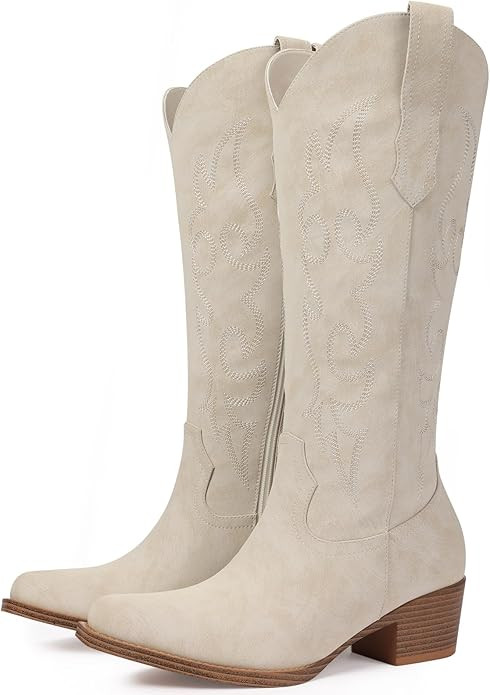 Women's Wide Calf Cowboy Boots - Snip Toe Western Cowgirl Boots, Faux Leather Chunky Knee High Bo... | Amazon (US)