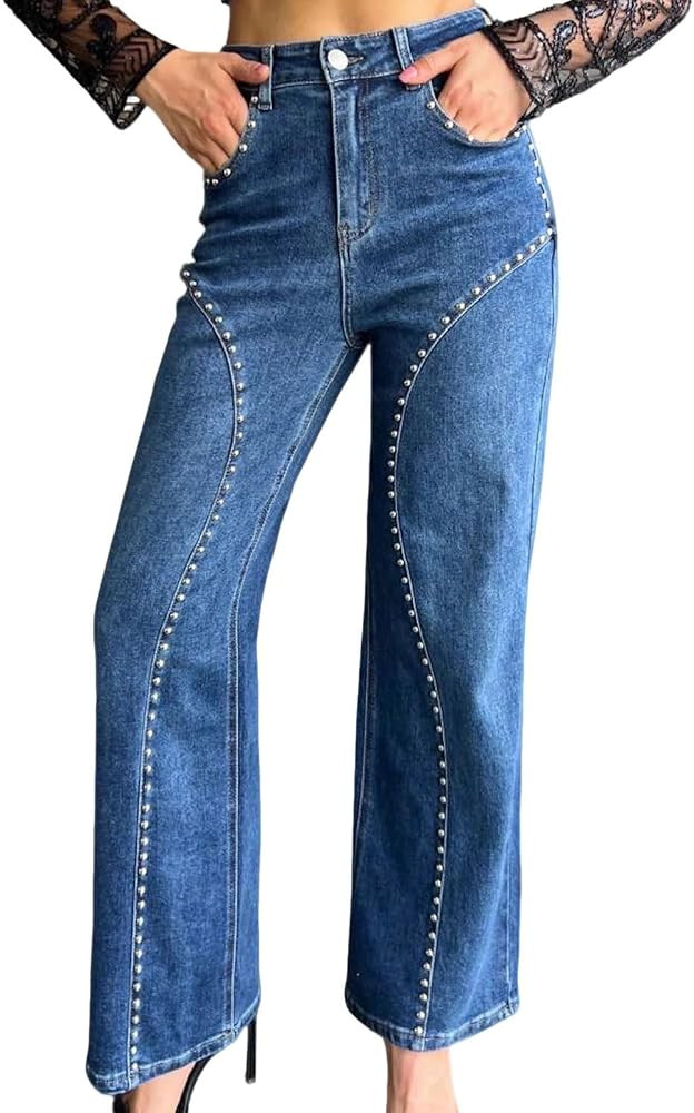 utcoco Women's Studded Wide Leg Denim Jeans Fashion Boyfriend High Waisted Casual Pants | Amazon (US)