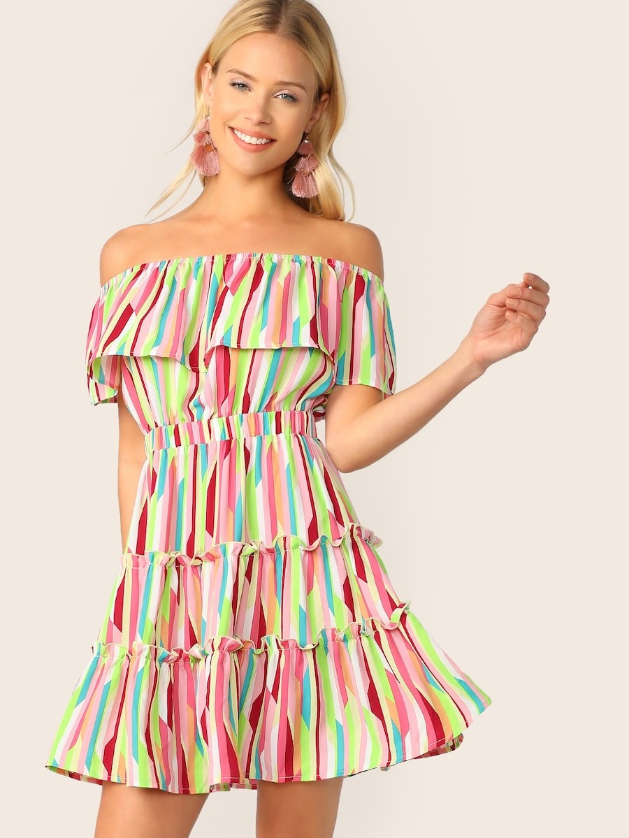 SHEIN Foldover Front Off Shoulder Frill Trim Striped Dress | SHEIN