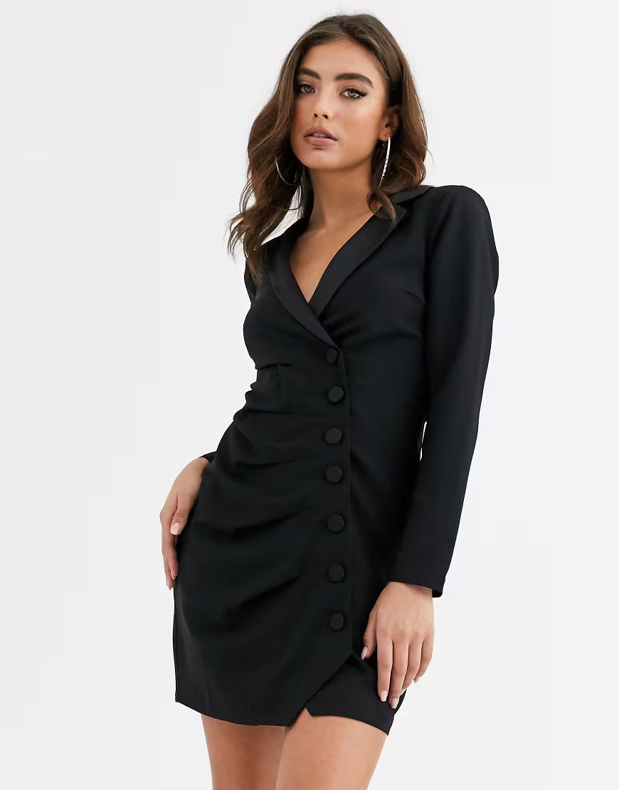 ASOS DESIGN button through ruched tux mini dress in black | ASOS (Global)