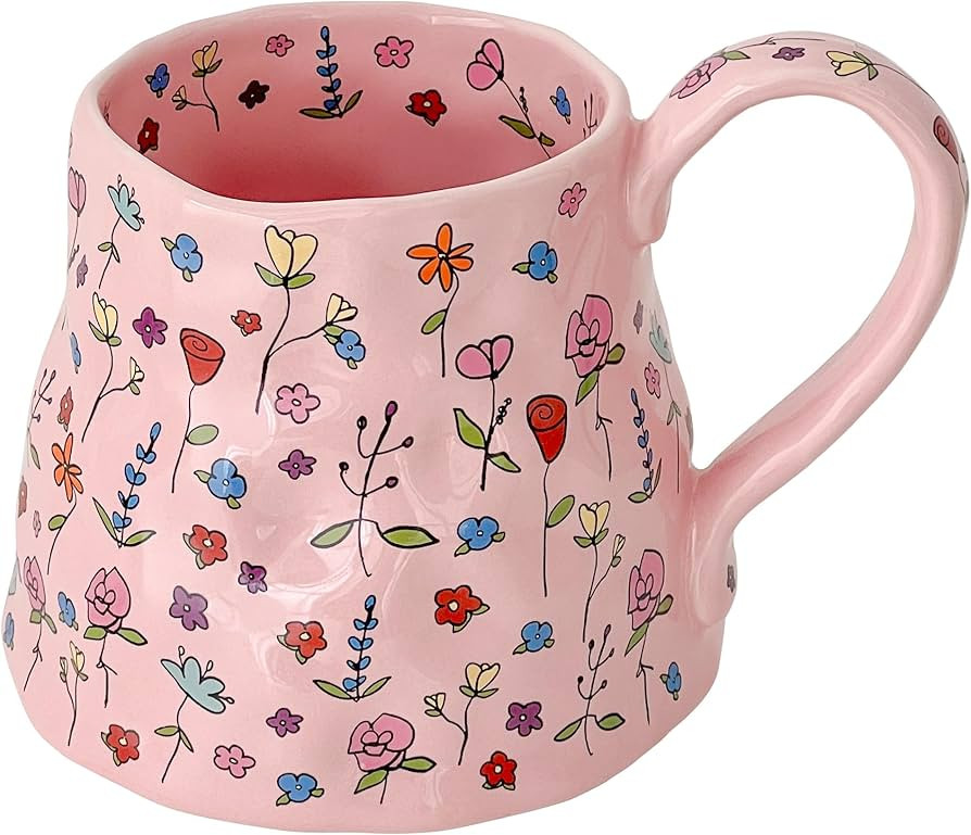 Large Ceramic Coffee Mug Pink Cute Flower with Big Handle, 20oz Girly Floral Tea Cup for Women Mo... | Amazon (US)