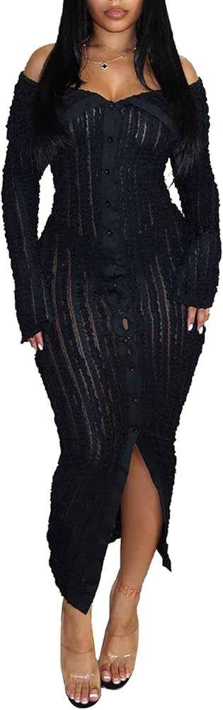 Women's Sexy Off Shoulder Dress 2024 Elegant Long Sleeve Button Down Split Ruffle Bodycon Midi Dr... | Amazon (US)