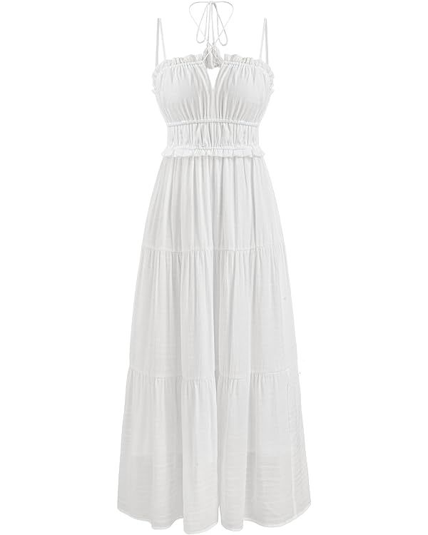 CIDER French Riviera Vacation Woven Collarless Lettuce Trim Knotted Maxi Dress | Amazon (US)