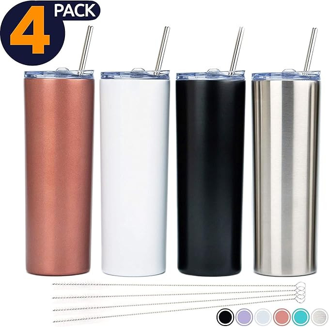 SKINNY TUMBLERS (4 pack) 20oz Stainless Steel Double Wall Insulated Tumblers with Lids and Straws... | Amazon (US)