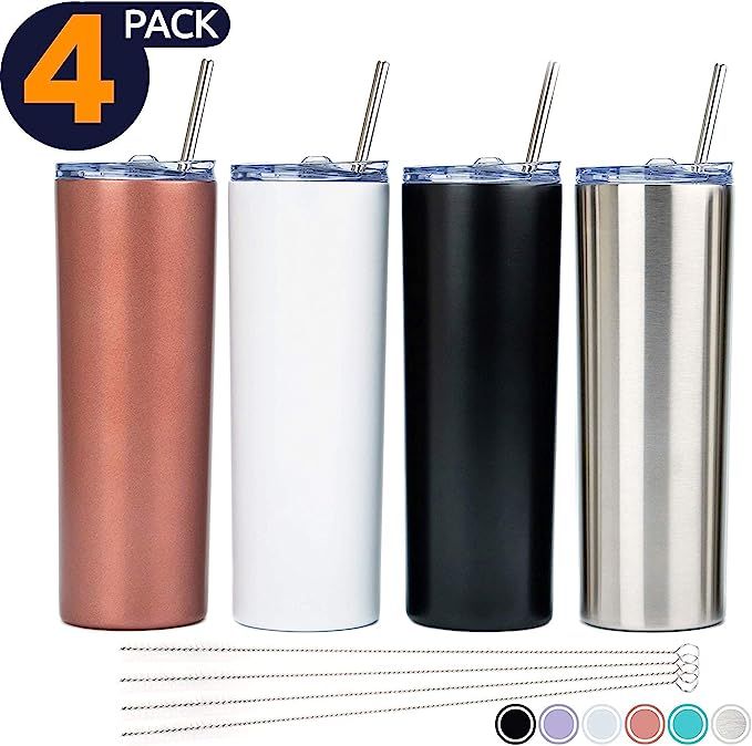 SKINNY TUMBLERS (4 pack) 20oz Stainless Steel Double Wall Insulated Tumblers with Lids and Straws... | Amazon (US)