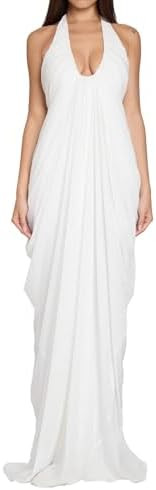 ABYOVRT Women White Dress Halter Deep V Neck Cascade Drape Floor Length Gown Wedding Guest Beach ... | Amazon (US)