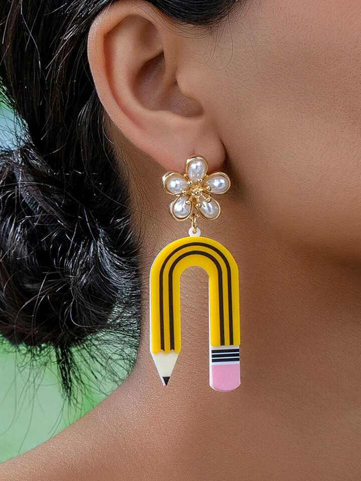 1pair Elegant And Sweet Acrylic Pearl Inlaid Pencil Earrings For Women, Suitable For Festivals, B... | SHEIN