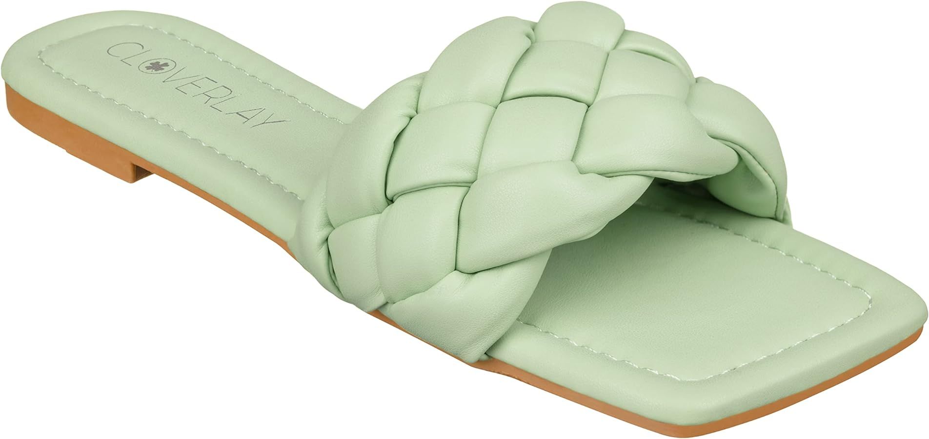 CLOVERLAY Yara Women's Square Open Toe Slides Braided Woven Single Band Slip on Flat Sandals | Amazon (US)