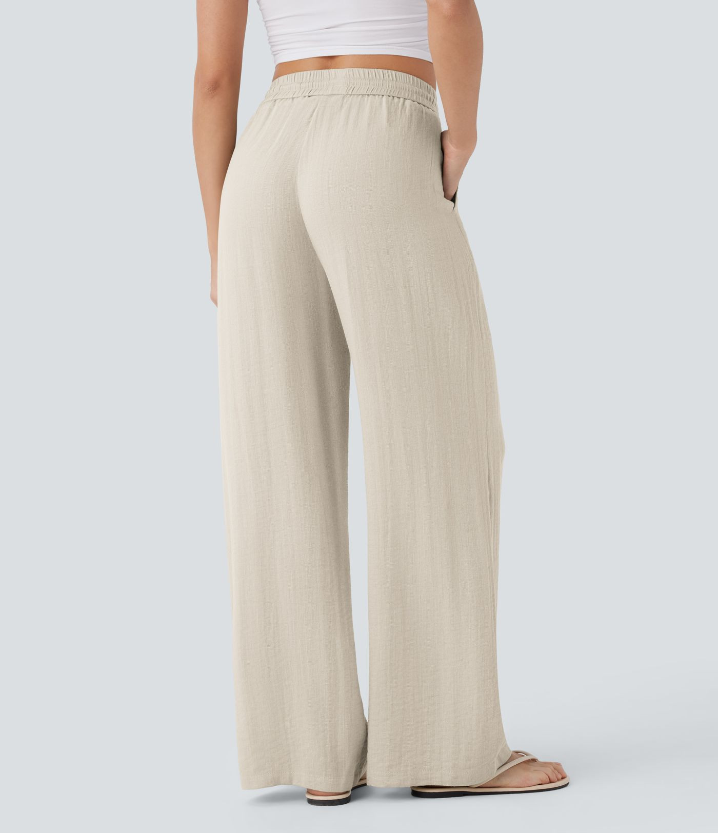 Women\u2019s High Waisted Drawstring Pocket Wide Leg Baggy Casual Linen-Feel Pants - Halara | HALARA