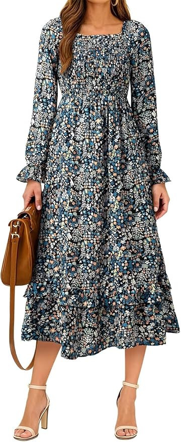 Dokotoo Boho Dresses for Women 2025 Casual Floral Square Neck Long Sleeve Smocked Elastic Waist T... | Amazon (US)