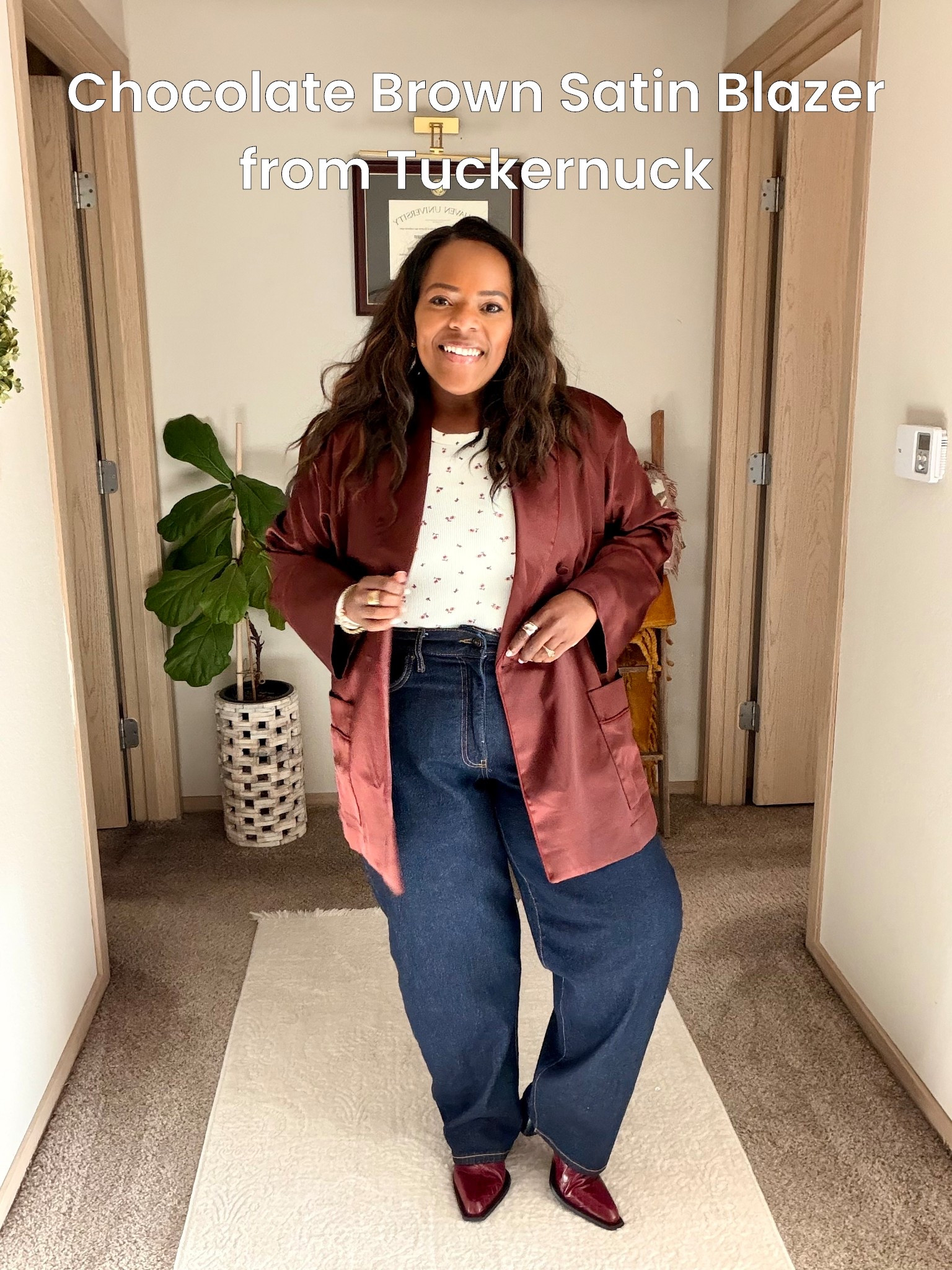 The most gorgeous chocolate brown satin blazer from @Tuckernuck . Size down 1-2 sizes.  I’m in the M. Will be perfect going into Spring. 🤎🤎🤎🤎

#LTKMidsize #LTKootd #LTKgrwm