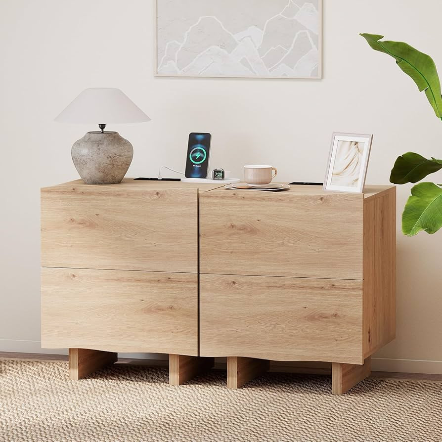 ANJ 2PCS Light Oak Nightstand with Charging Station and USB Ports, 19" Small Modern Bedside Table... | Amazon (US)