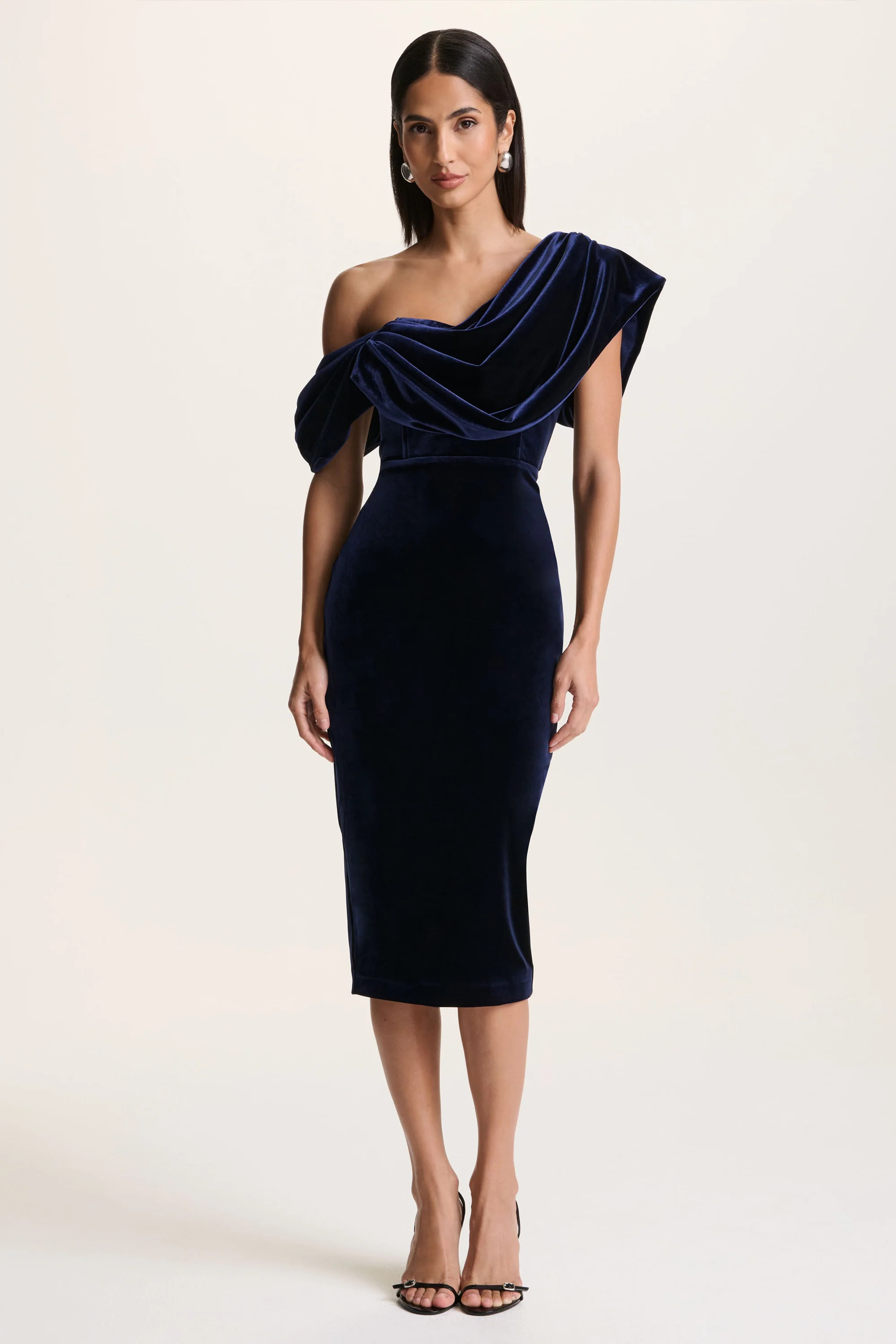 High End  Navy Velvet Asymmetric-Neck Midi Dress With Draped Detailing | Club L London