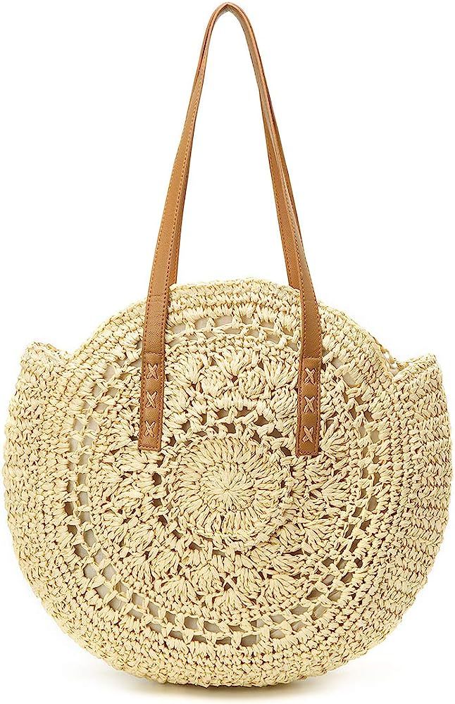 Straw Bag, Summer Beach Straw Bag For Women, Round Beach Straw Purse Large Capacity Woven Tote Ba... | Amazon (US)