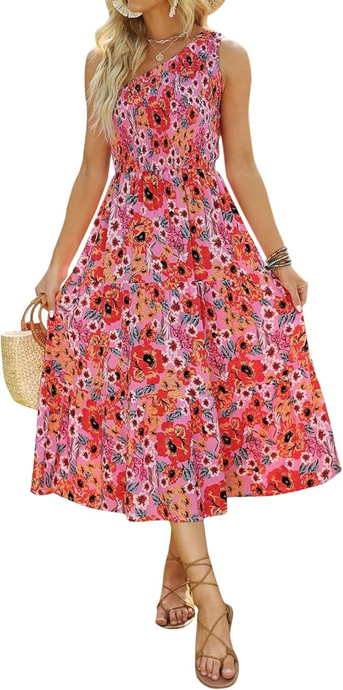 ZCSIA Women's 2023 Summer Boho One Shoulder Sleeveless Solid Color Ruffle Beach Party Tiered Midi... | Amazon (US)