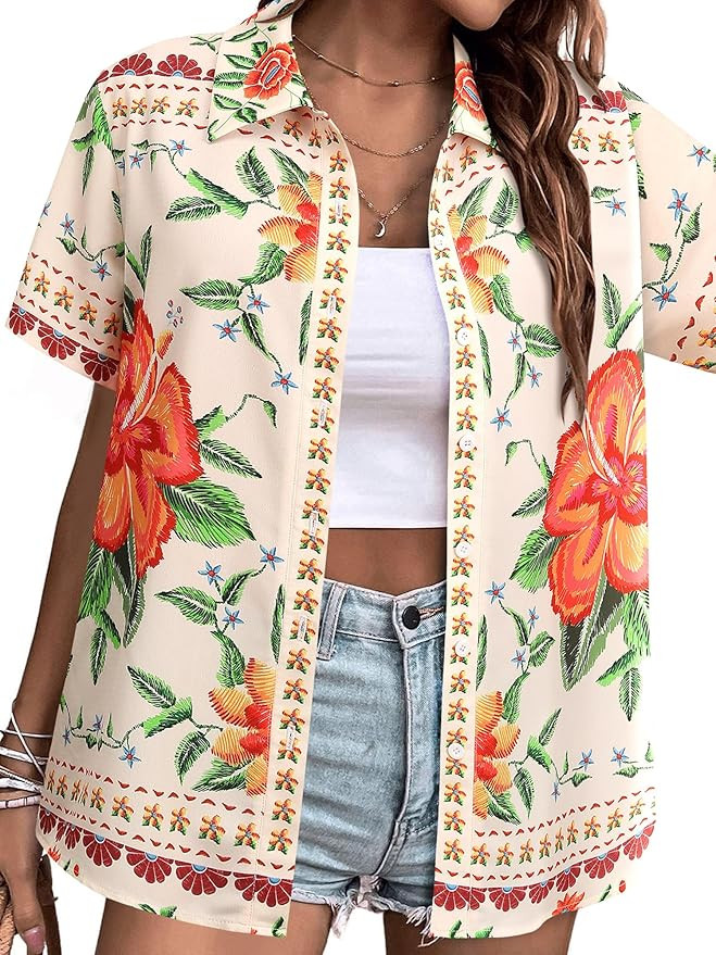 MYMORE ❷⓿❷❺ Womens Hawaiian Shirt Luau Party Tropical Vacation Button Down Shirts Short S... | Amazon (US)