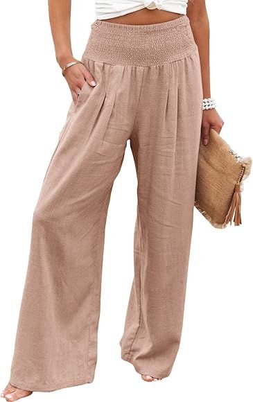 Yanekop Women Casual Wide Leg Palazzo Lounge Pants High Waist Smocked Trousers with Pockets | Amazon (US)