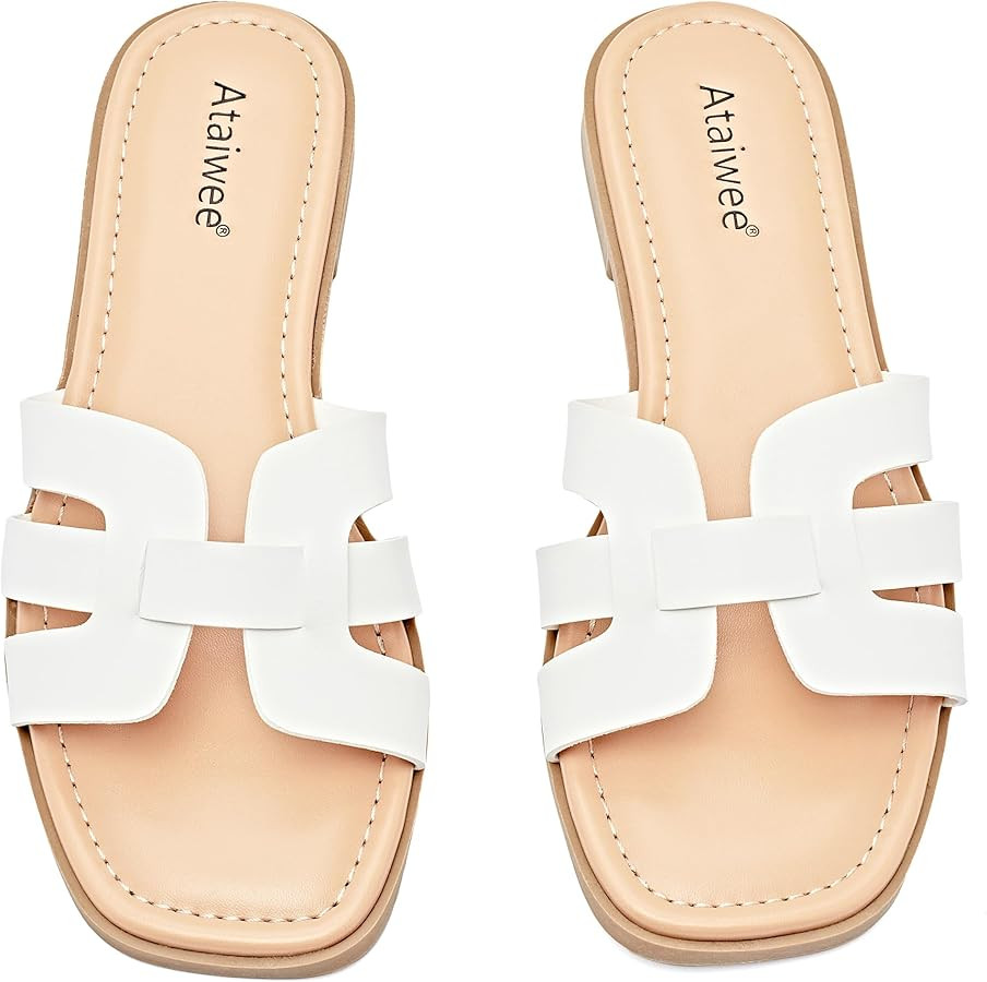 Ataiwee Women's Wide Width Flat Slide Sandals - Casual Cute Dressy Strappy Slip on Flat Summer Sh... | Amazon (US)