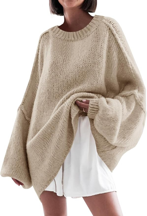 Saodimallsu Womens Oversized Sweater Chunky Crew Neck Long Lantern Sleeve Knit Fall Trendy Tunic ... | Amazon (US)