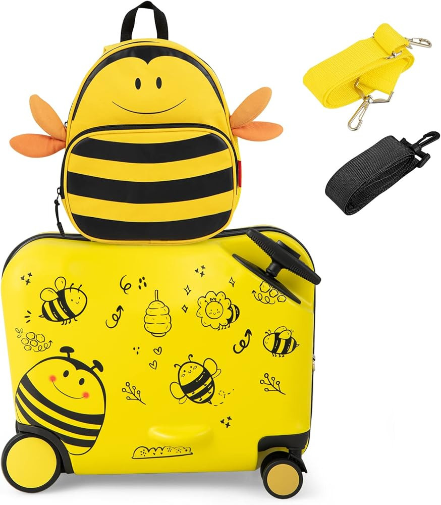 HONEY JOY 12" Bee Themed Kids Travel Backpack & 18" Hardside Suitcase with Wheels, Yellow, 2 Pcs | Amazon (US)