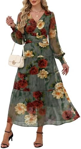 ANRABESS Womens Floral Long Sleeve Maxi Dress V Neck Chiffon Flowy Boho A-Line 2026 Spring Weddin... | Amazon (US)