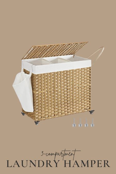 3-Compartment Laundry Hamper | Wicker Basket with Wheels