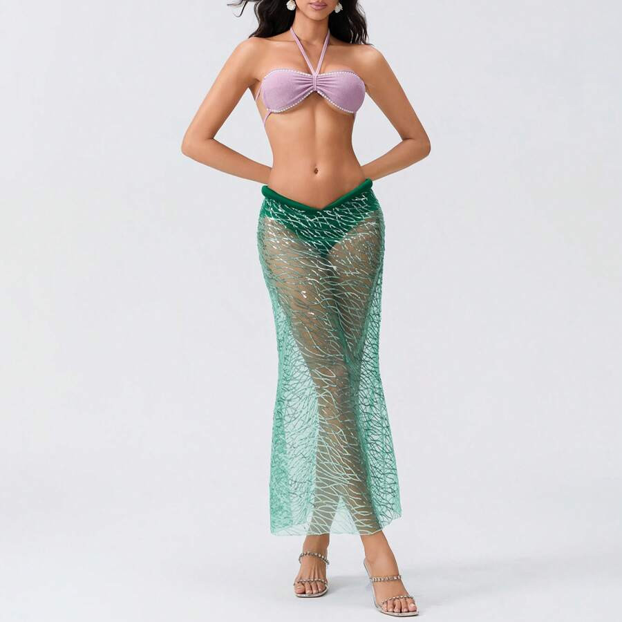 Women Mermaid Outfit, Halterneck Pearled Bra With Sequined Sheer Skirt Halloween Costume 2-Piece ... | SHEIN