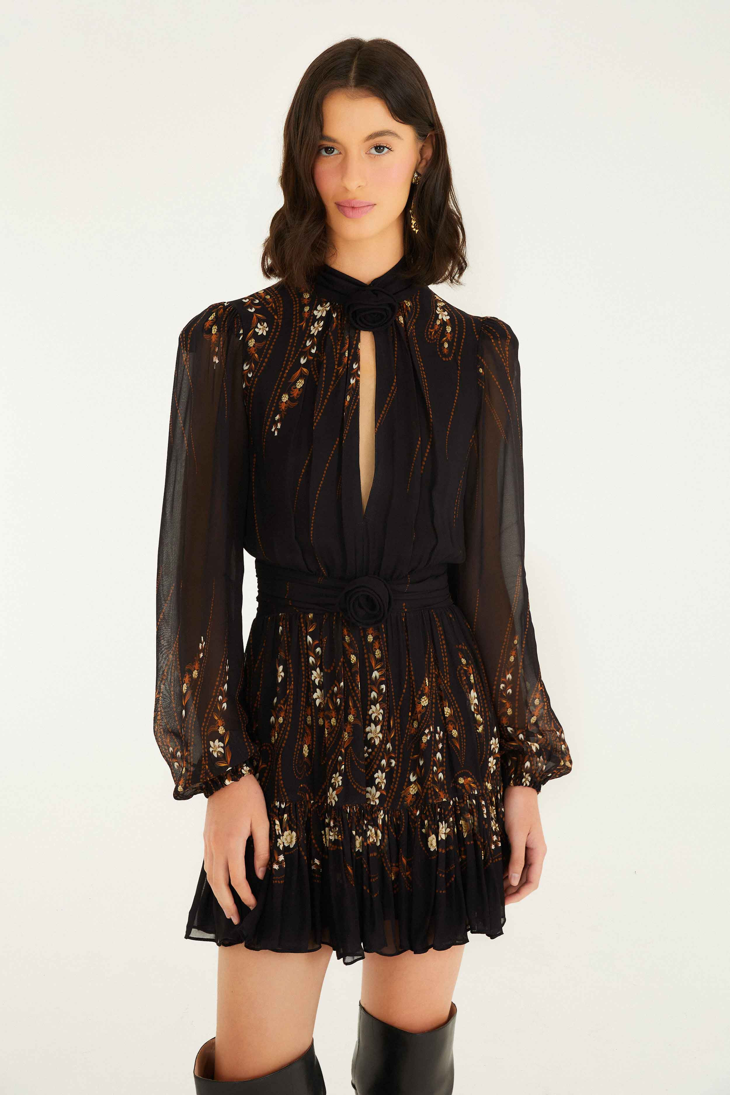 Black Garden 3d Rose Long Sleeve Ruffled Mini Dress | FARM Rio | FarmRio (US)