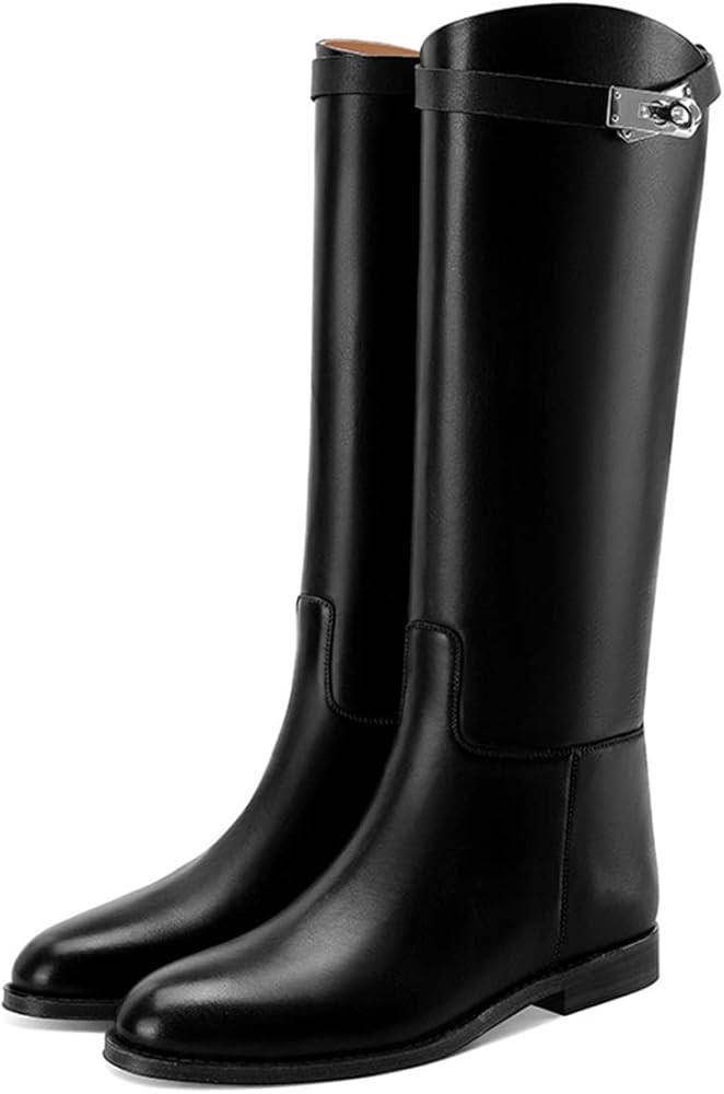 YDN Women Classic Round Toe Under the Knee High Flat Riding Boots Pull on Mental Buckle Wide Calf... | Amazon (US)