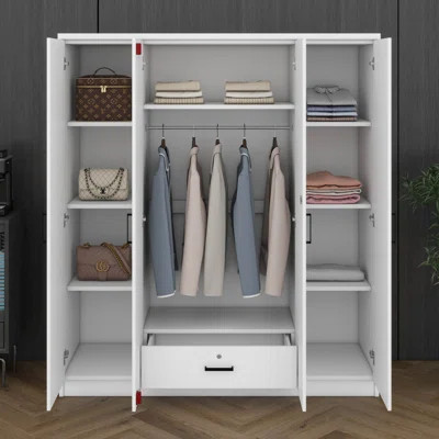 4-Door Wardrobe Closet With 1 Drawers, Wooden Bedroom Armoire With Hanging Rod, Freestanding Wardrobe Cabinet For Bedroom | Wayfair North America