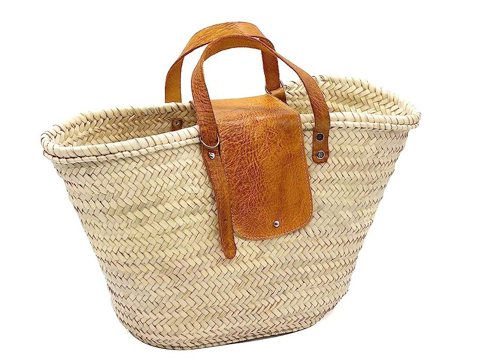 FRENCH BASKET straw bag with leather handles beach bag, straw bag, market basket, wicker basket w... | Amazon (US)