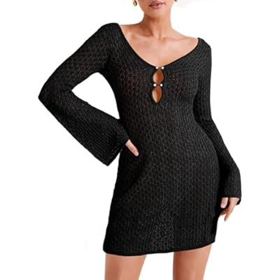 Saodimallsu Womens Crochet Swimsuit Coverup Summer Sexy V Neck Long Bell Sleeve Mesh… | Amazon (US)