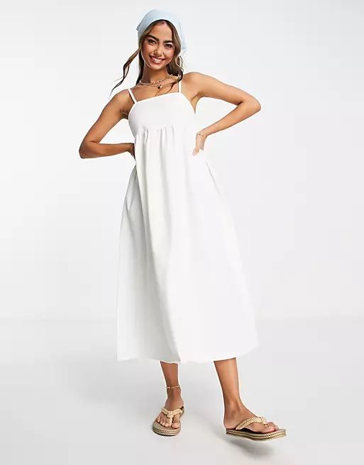 ASOS DESIGN soft denim midi smock dress in white | ASOS (Global)