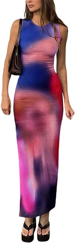 Women Tie Dye Print Tank Dress Bodycon High Split Maxi Dress Sleeveless Summer Beach Long Dresses St | Amazon (US)