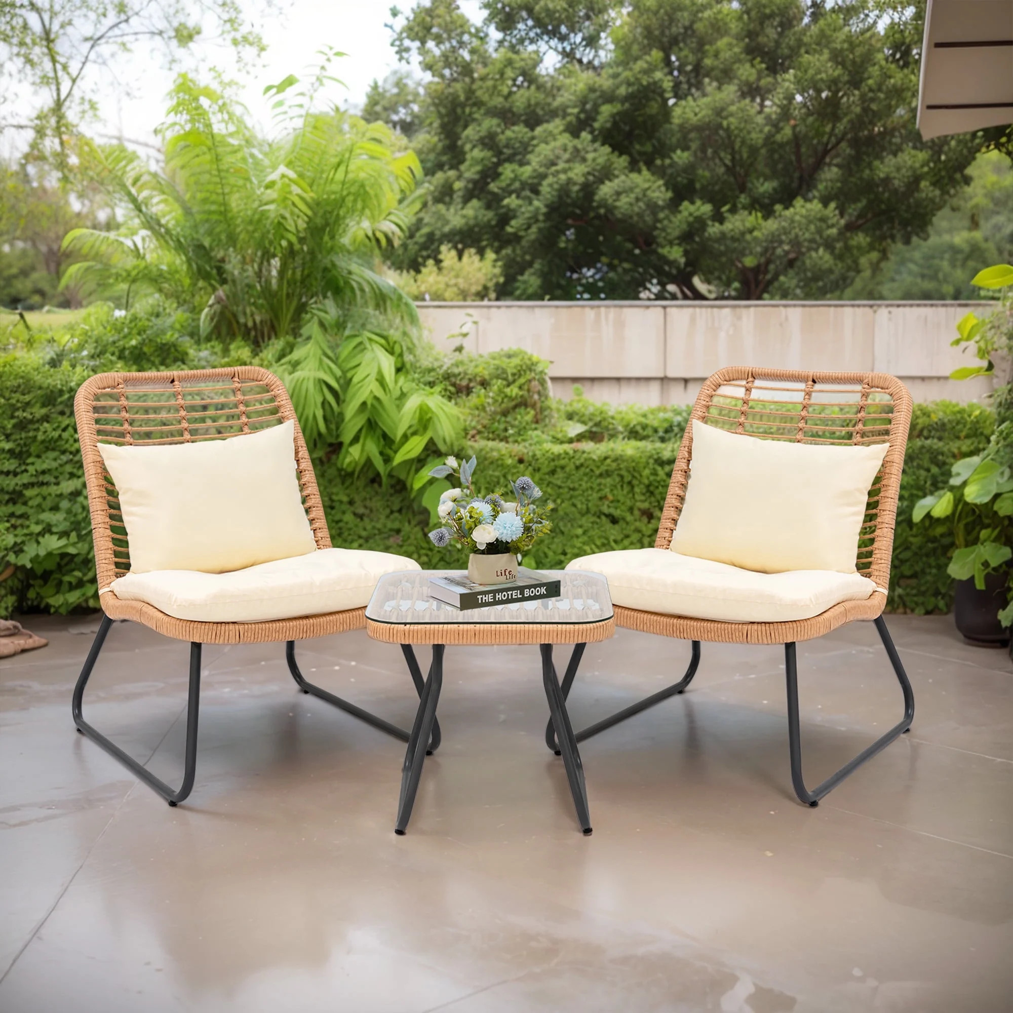 Tappio 3 Piece Outdoor Wicker Patio Conversation Set, Rattan Bistro Set w/Side Table, Space Savin... | Walmart (US)