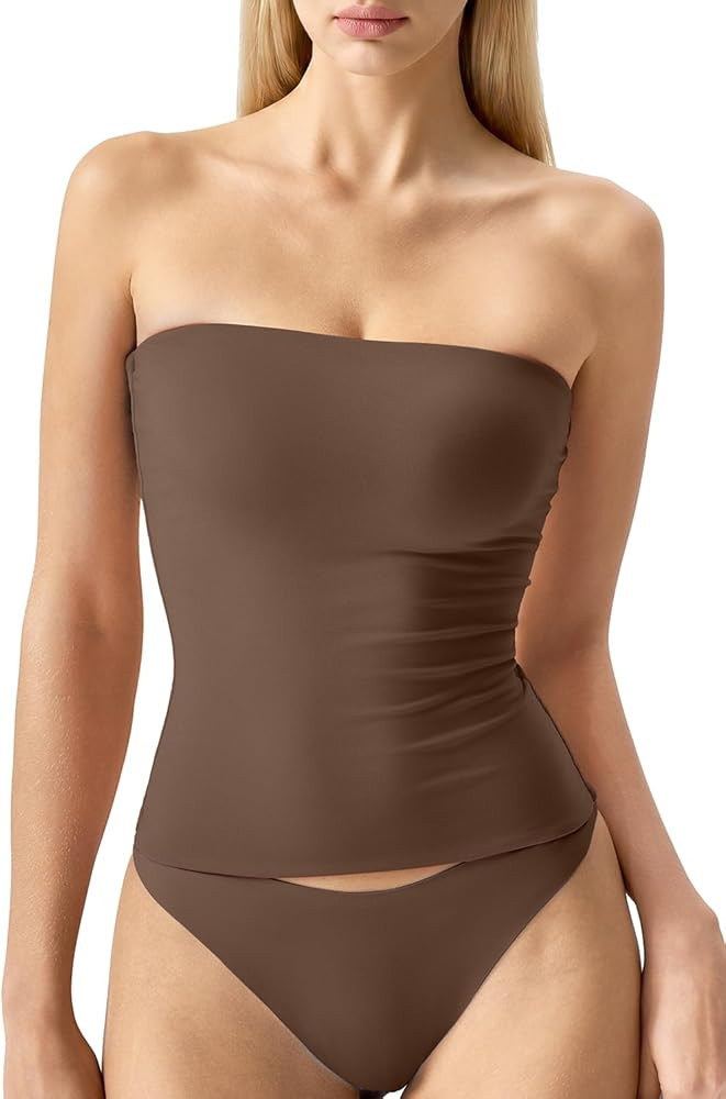QINSEN Women's Tube Top Double Lined Strapless Bandeau Top Summer Slim Fit Going Out Tank Tops | Amazon (US)