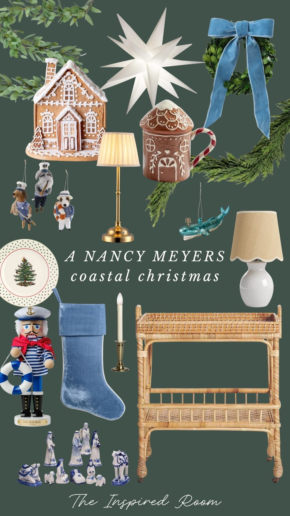 Nancy meyers coastal Christmas - stockings, gingerbread house, mugs, boxwood wreath, eucalyptus garland, pine garland, lamp, delft nativity scene, whale ornament, felt sailor animal ornaments, tree plate, window candle, rattan cart

#LTKHome #LTKSaleAlert #LTKHoliday