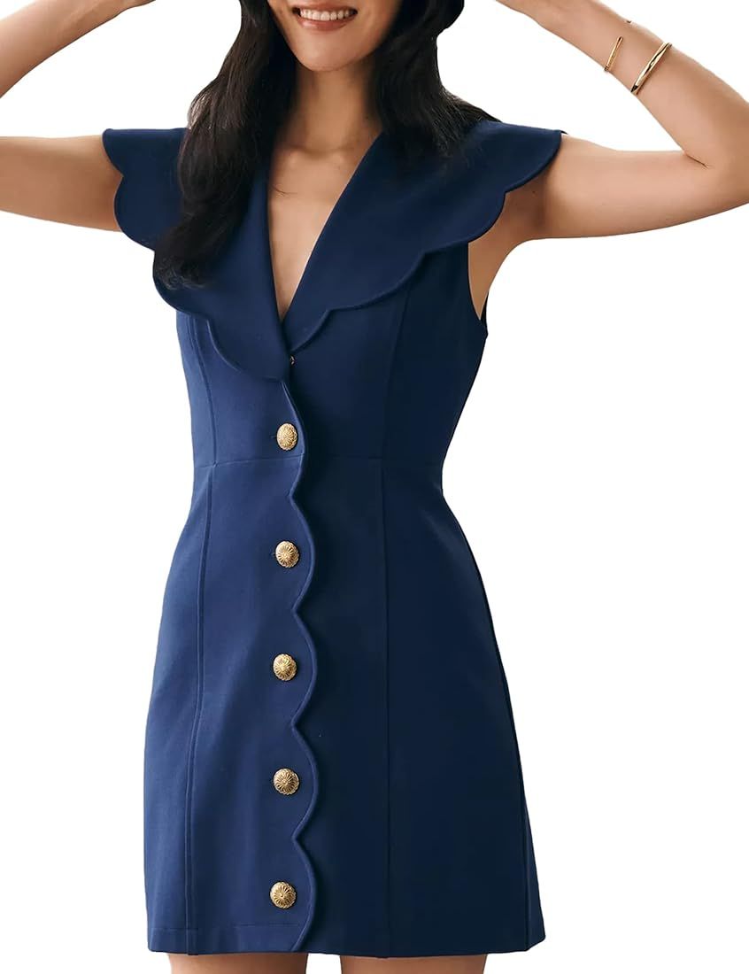 morhuduck Women's Summer Button Down Dress Causal Sleeveless Deep V Neck Dress Solid Sweet Collar... | Amazon (US)