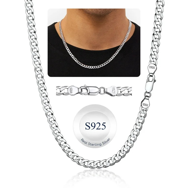 Suplight Solid 925 Sterling Silver Men Jewelry, 5mm Flat Curb Cuban Link Chain Necklace - Walmart... | Walmart (US)