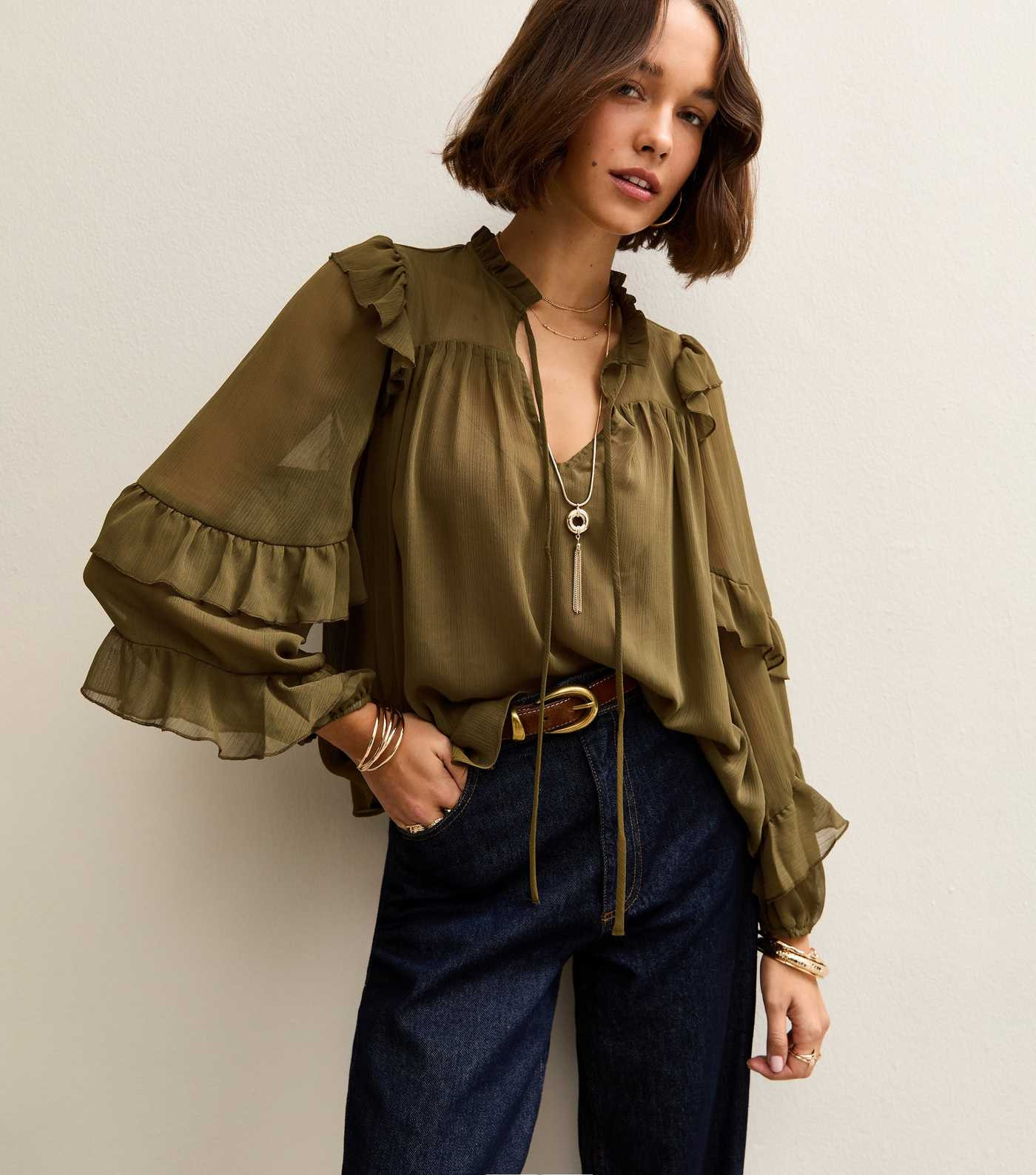 Khaki Chiffon Frilly Trimmed Keyhole Neck Blouse | New Look | New Look (UK)