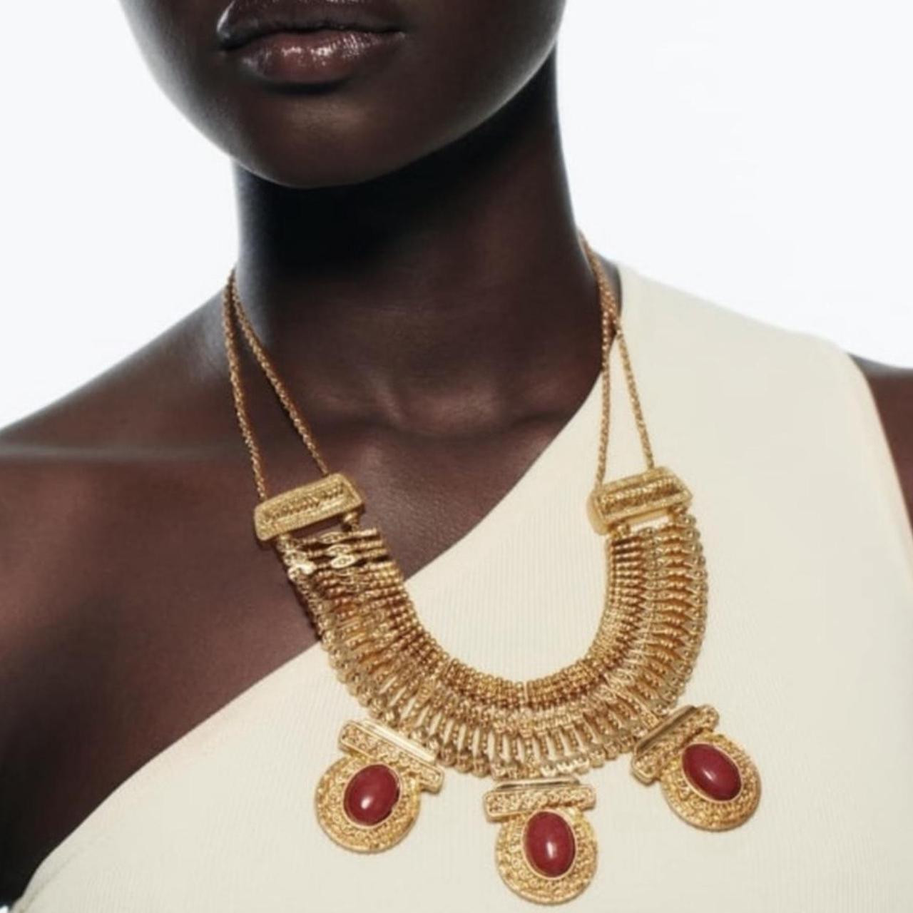 Zara Women's Necklace - Gold/Burgundy | Depop US