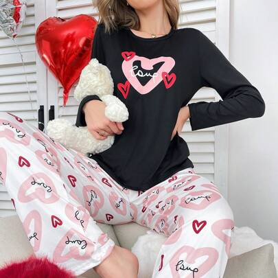 Valentine's Day Romantic Heart & Love Graphic Casual Long Sleeve & Pants Pajama Set For Women | SHEIN