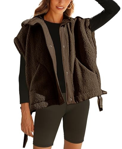 OPCAKM Women's Fuzzy Fleece Vest Oversized Sleeveless Sherpa Jacket Warm Button Down Gilet Outerwear with Pockets(Brown-XS) | Amazon (US)