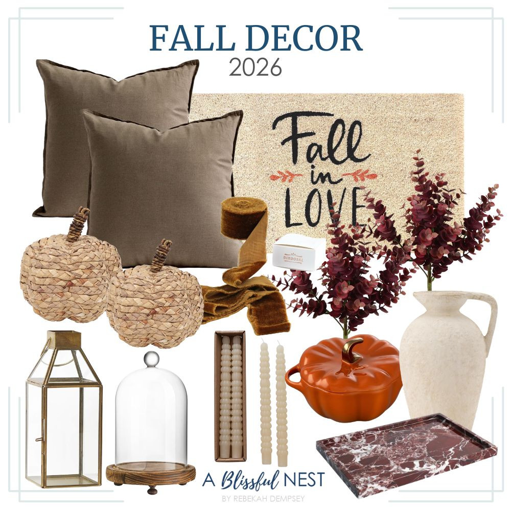 Bringing in all the warm and cozy fall vibes with these pretty decor finds. Tap for the finds!

Dark grey throw pillows, fall doormat, brown velvet ribbon, faux eucalyptus stems, woven pumpkin décor, brass lantern, glass cloche, beaded taper candles, pumpkin shaped Dutch oven, ceramic pitcher vase, and marble tray. 

 #LTKSeasonal #LTKHome