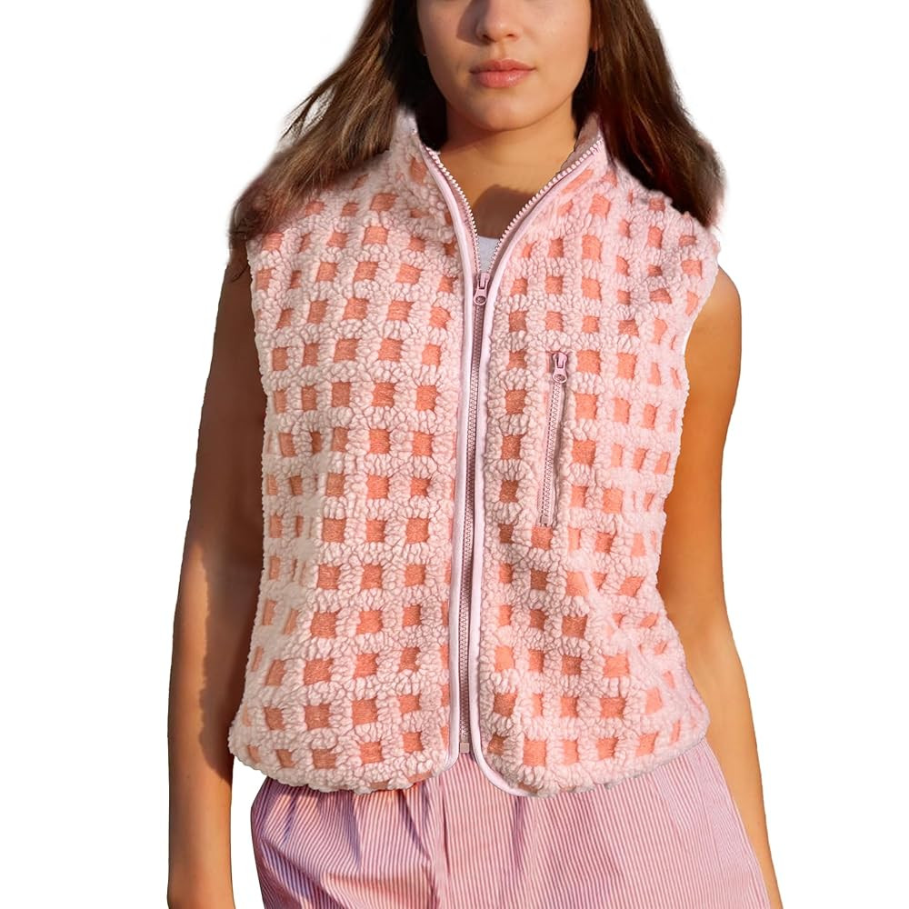Womens Checkered Sherpa Vest Sleeveless Winter Fleece Jacket High Neck Zip Up Plaid Gilet with Ch... | Amazon (US)