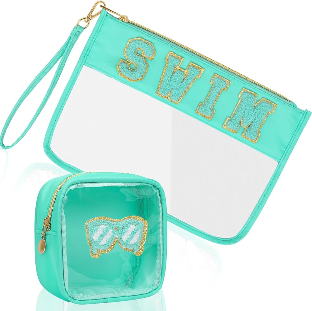 2Pcs Clear Swim Bag Chenille Varsity Letter Makeup Bag Preppy Patch Pouch Waterproof PVC Toiletry... | Amazon (US)