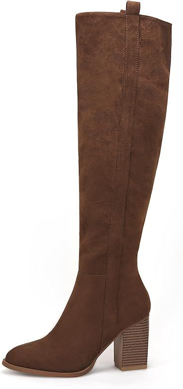 Ermonn Womens Faux Suede Knee High Side Zipper Chunky Heel Stretch Winter Boots | Amazon (US)