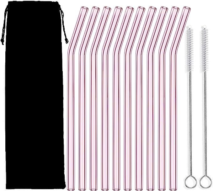 Glass Straw – 10pcs Pink Bent Glass Straw Set, 8'' Reusable Straws With Cleaning Brush For Tumb... | Amazon (US)