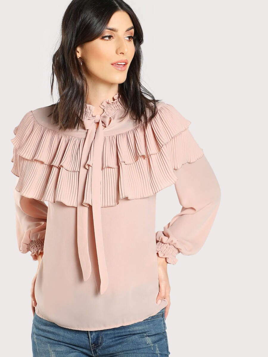 Shirred Collar And Cuff Pleated Trim Top | SHEIN